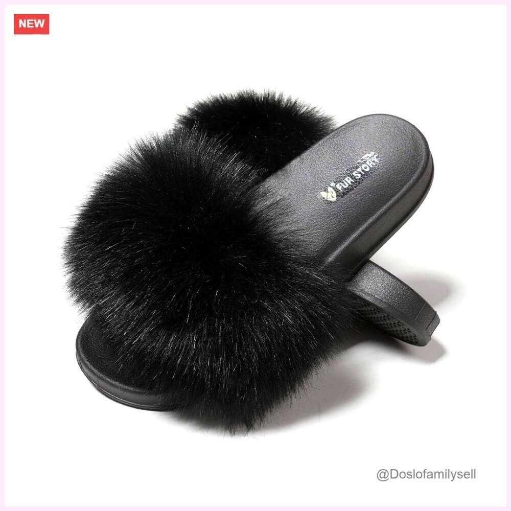 Faux Fur Slides Slippers Women's Fluffy Sandals Indoor Outdoor Non-Slip